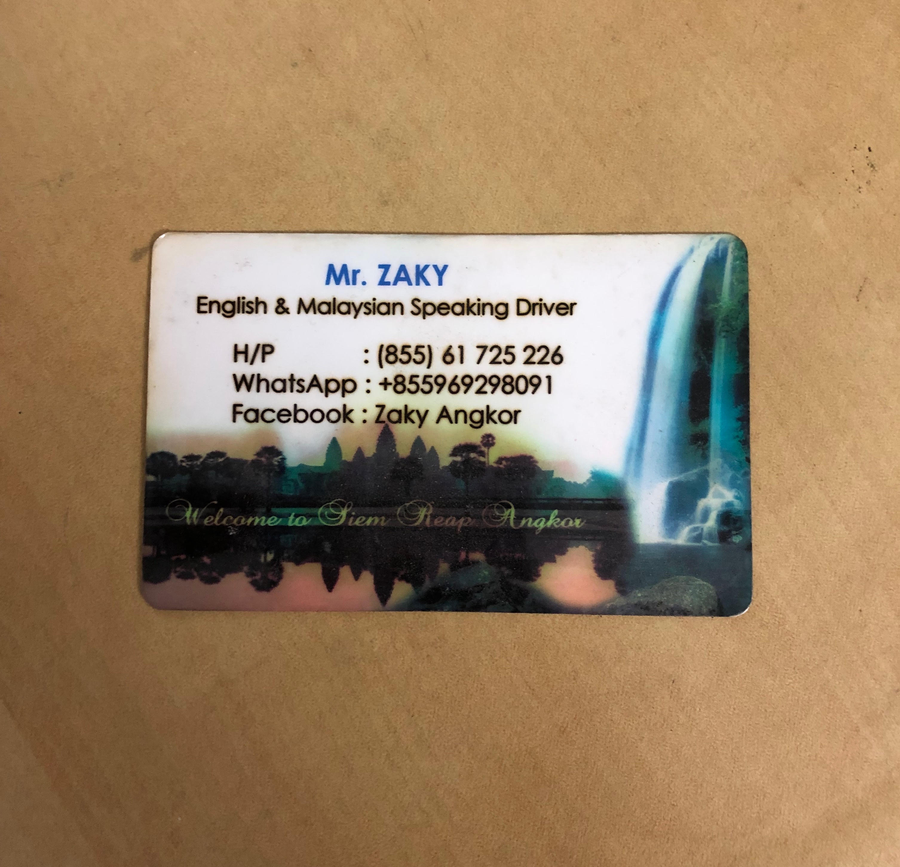 This is the business card of Zaky. He is a muslim and can speak Malay fluently. He was very helpful too and knows where to go for Halal food. Let's help the tuktuk driver at Siem Reap.